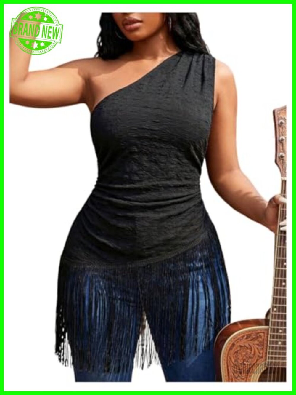 Floerns Plus Size Fringe One Shoulder Ruched Tank Top Sleeveless Summer